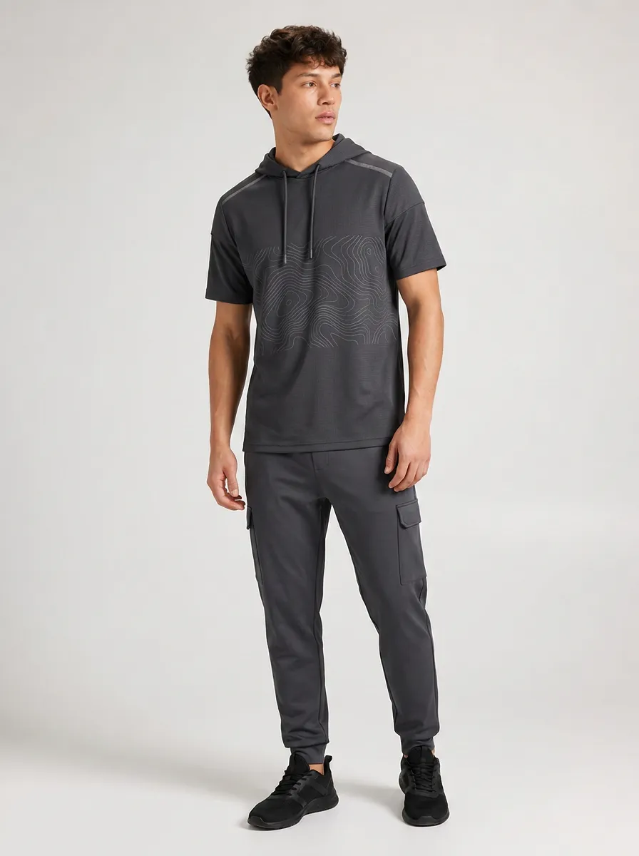 Men's Outdoor Topographic Short Sleeve Hoodie and Cargo Jogger Set