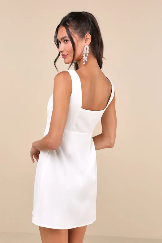 Truly the Cutest White Satin Square Neck Mini Dress