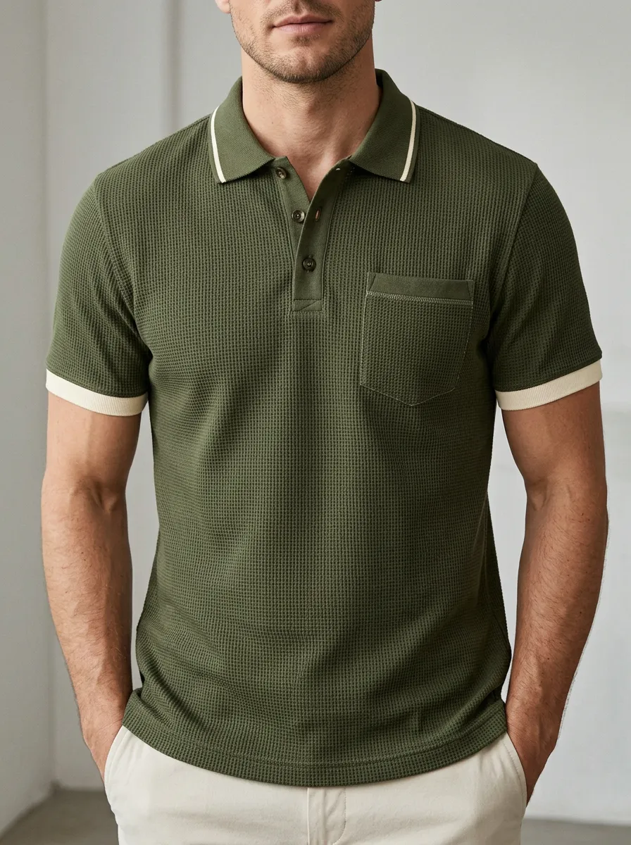 Men's Olive Green Waffle Knit Pocket Polo Shirt