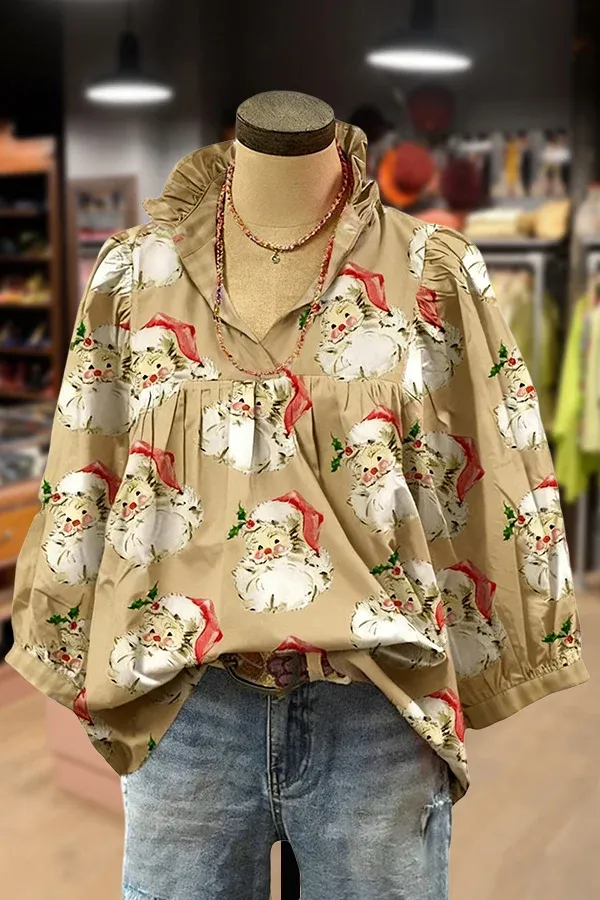 Christmas Santa Print Ruffle V-Neck Blouse