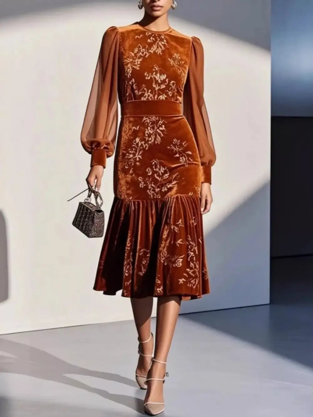 Floral Velvet Lantern Sleeve Midi Dress