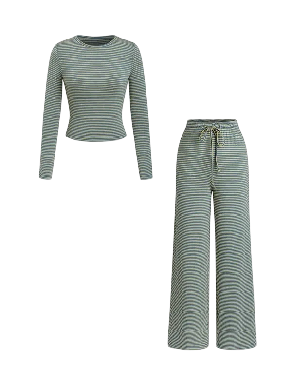 Women's striped printed long-sleeved T-shirt and trousers, casual two-piece set