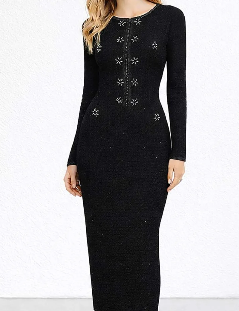 Star Beaded Tweed Knit Bodycon Midi Dress