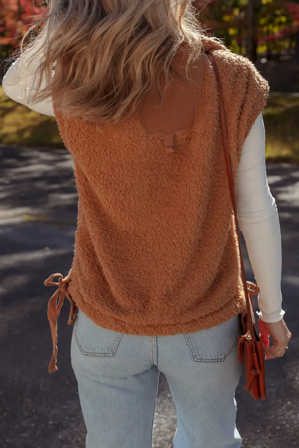 Snap Button Front Knot Side Pocket Detail Faux Fur Vest