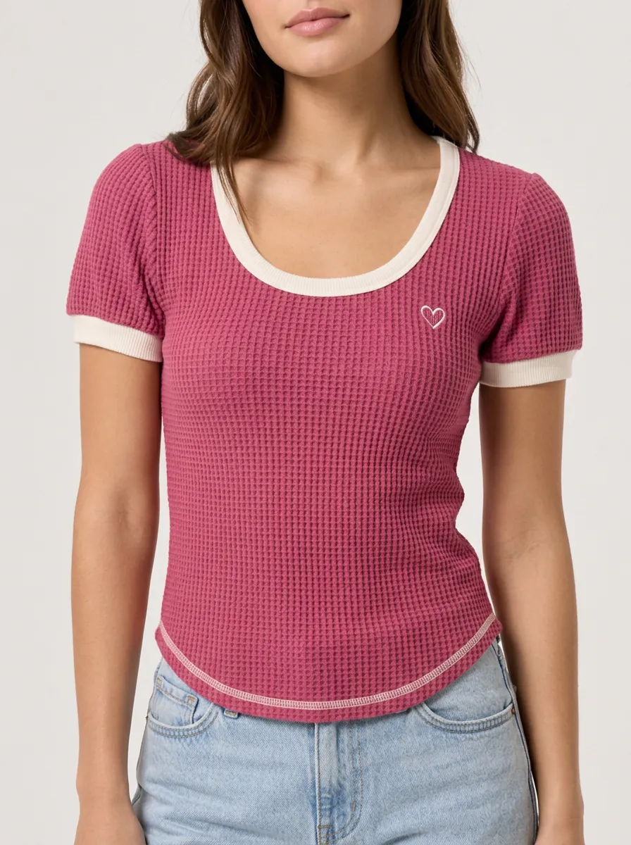 Women's Heart Lover Pink Waffle Knit Embroidered Top