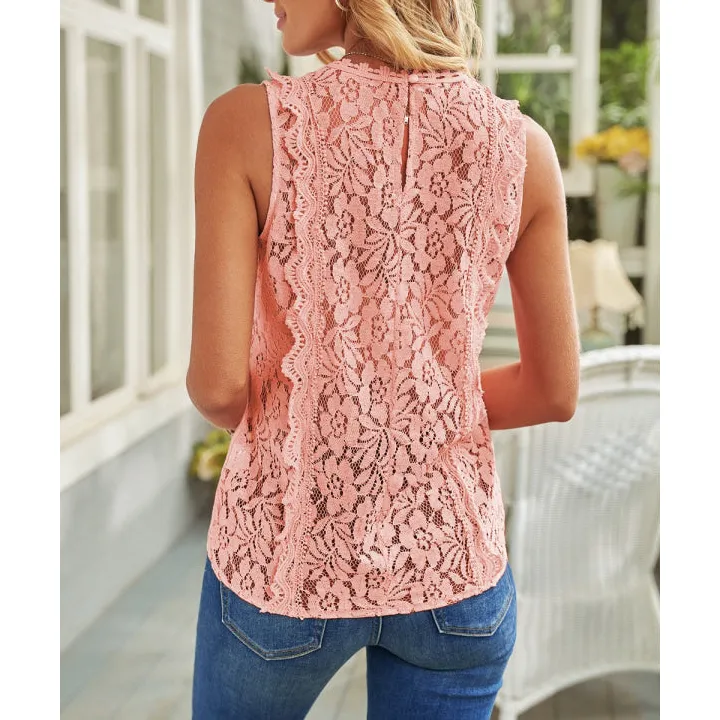 Wide-Strap V-Neck Lace-Detail Tank Top