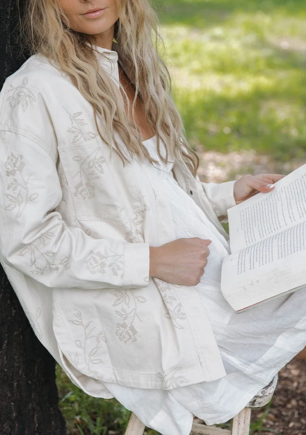 Embroidered Snap Down Drop Shoulder Jacket