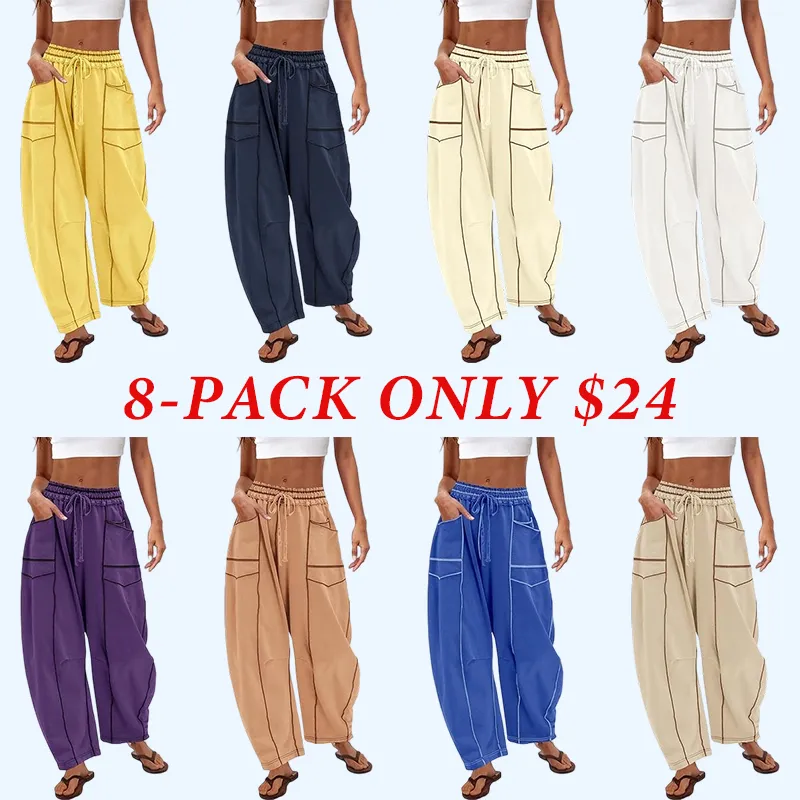 8PACKWomen'S Baggy Barrel Pants Wide Leg LoungeDrawstring Sweatpants With Pockets Minimalist BottomsCasual Style Comfortable Breathable