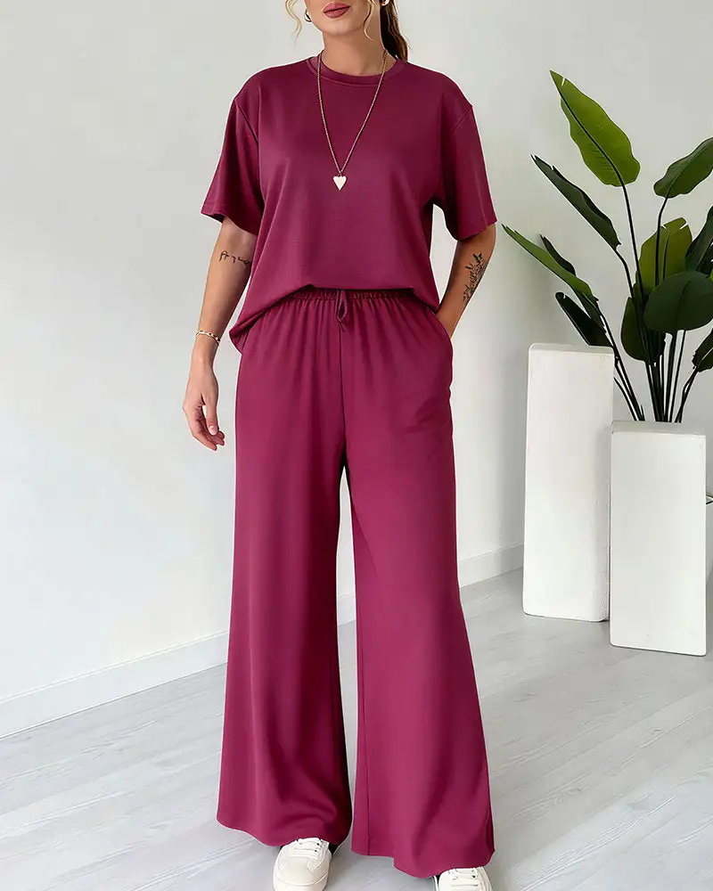 Casual Two-Piece Lounge Set Short Sleeve Top and Wide Leg Pants