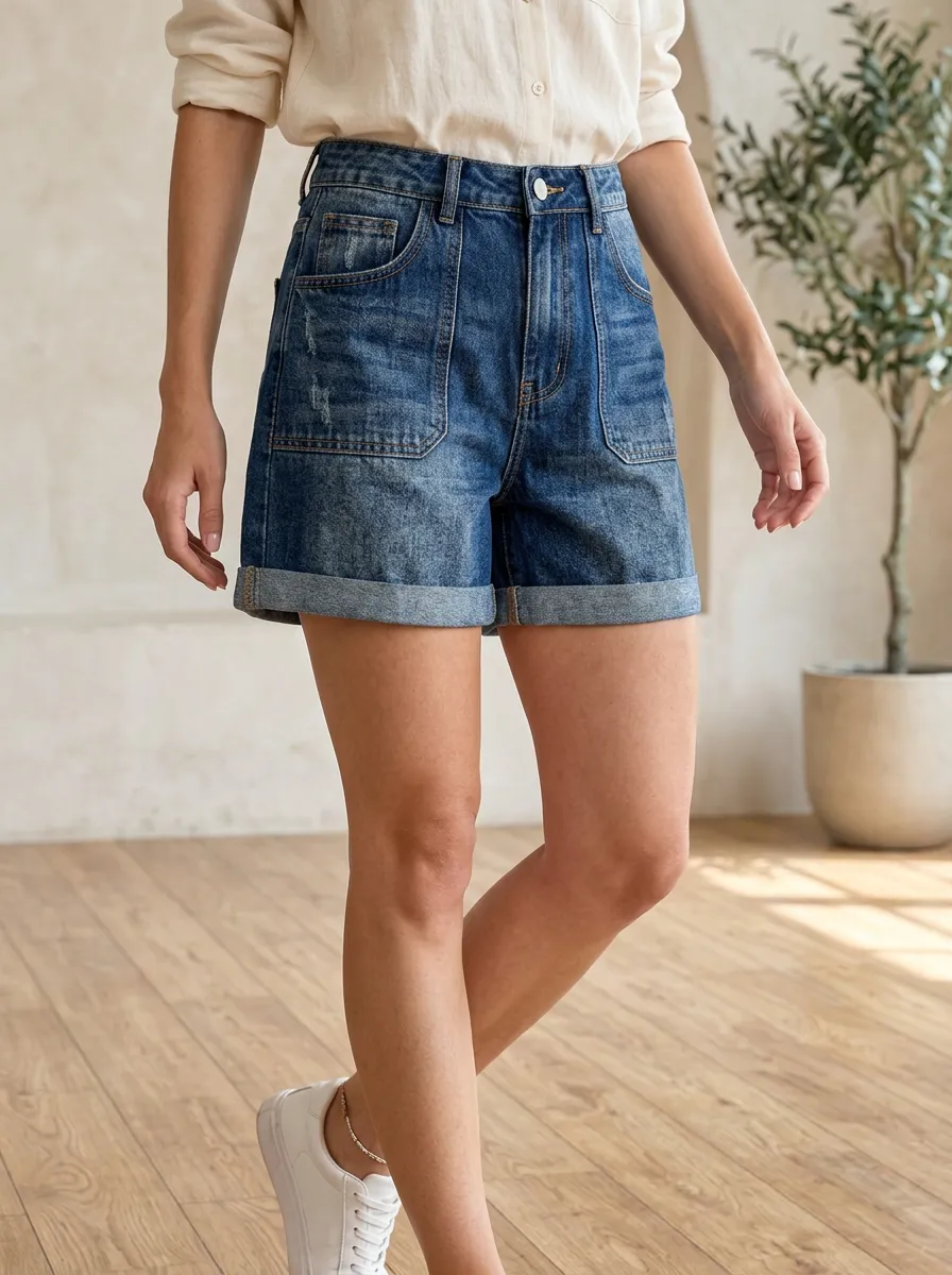 Women's Casual High-Waisted Distressed Denim Cuffed Shorts