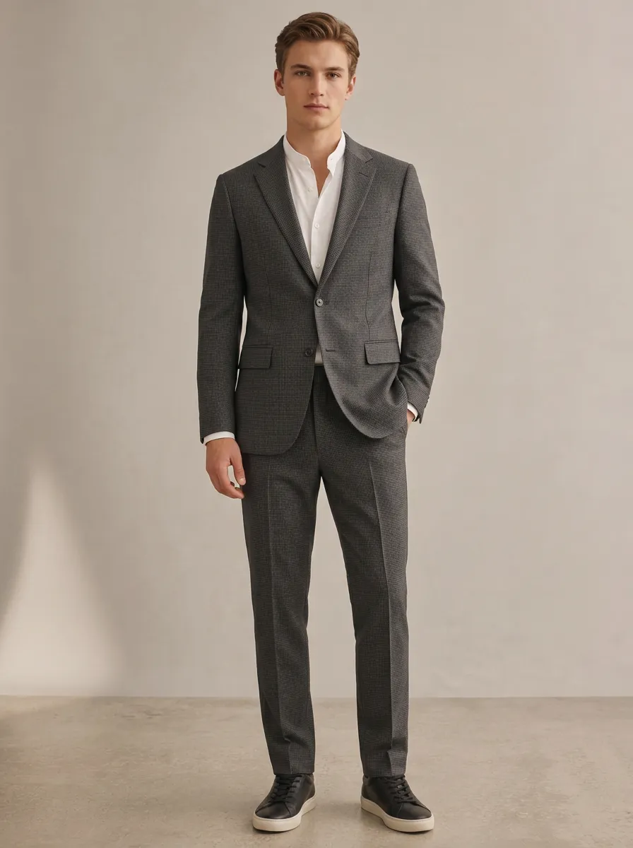 Men's Business Casual Grey Micro-Check Patterned Suit Set