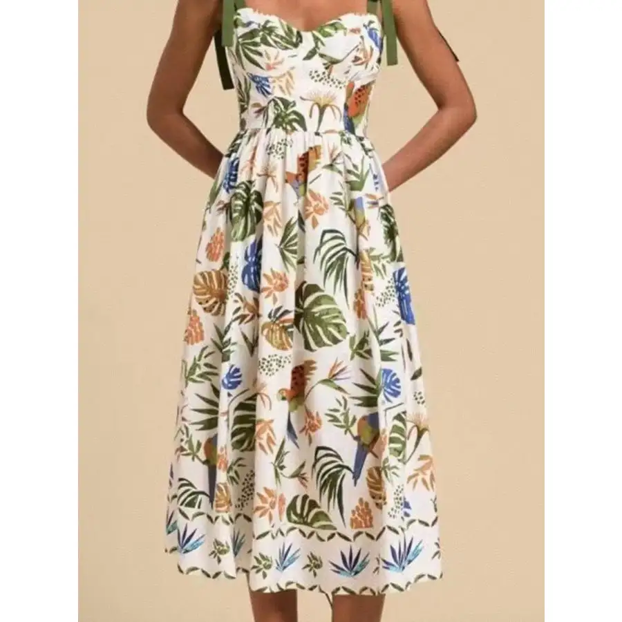 Tropical Print Tie-shoulder Sweetheart Neck Midi Dress