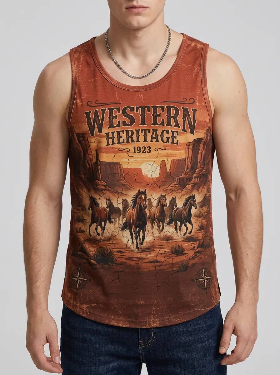 Men's Western Heritage Horse Running Desert Printed Tank Top