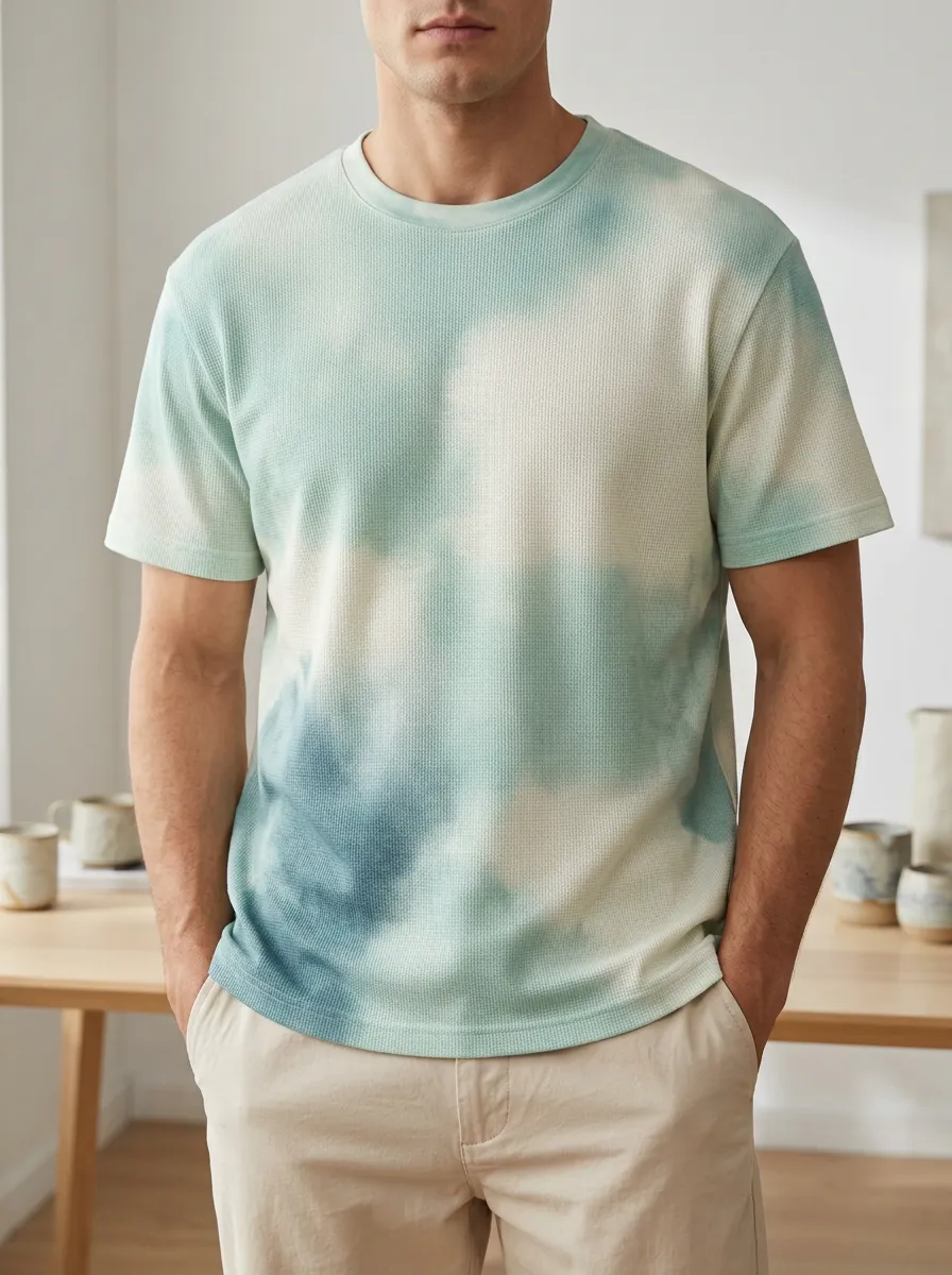 Men's Casual Summer Tie-dye Waffle Knit Contemporary Crew Neck T-Shirt