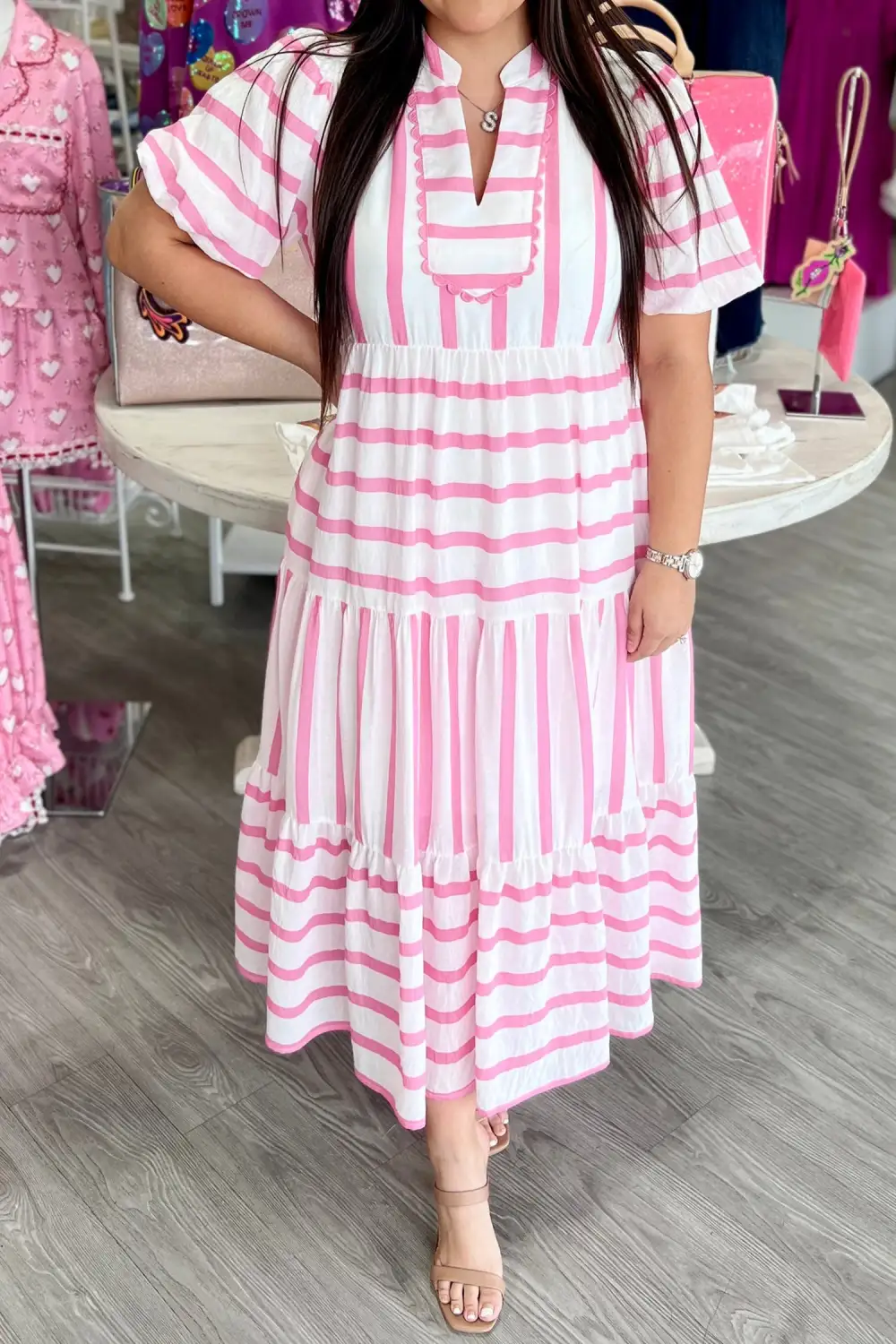 Clean Line Striped V Neck Tiered Maxi Dress