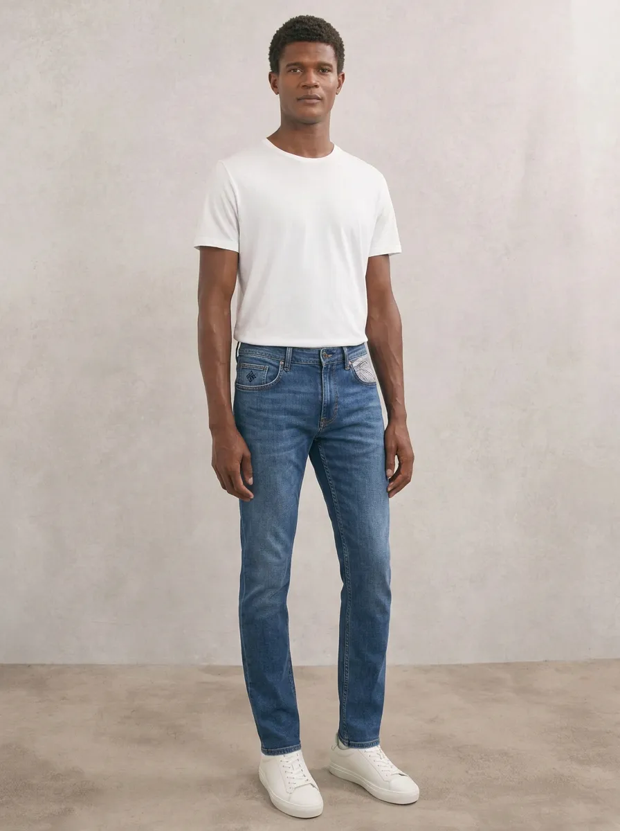 Men's Classic Comfort Pocket Detail Embroidered Stretch Denim Jeans