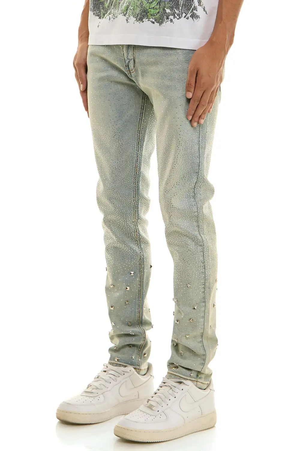 Men's Streetwear Embellished Skinny Zip Detail Jeans