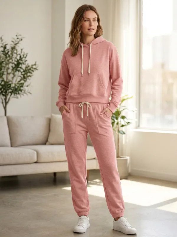 Women's Olive Green Solid Color Drawstring Printed Hoodie Jogger Set