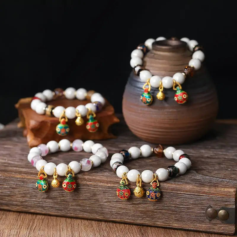 Swallowing Beast Family Charm Liuli Glass Porcelain Bracelet