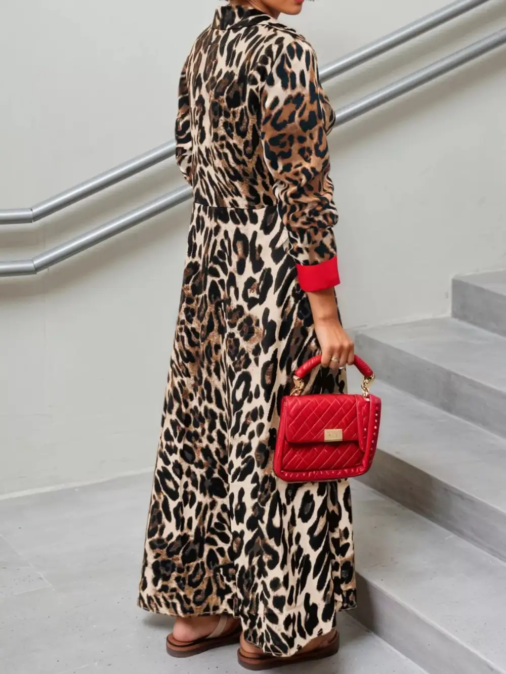 Long Sleeve Printed Colorblock Maxi Dress