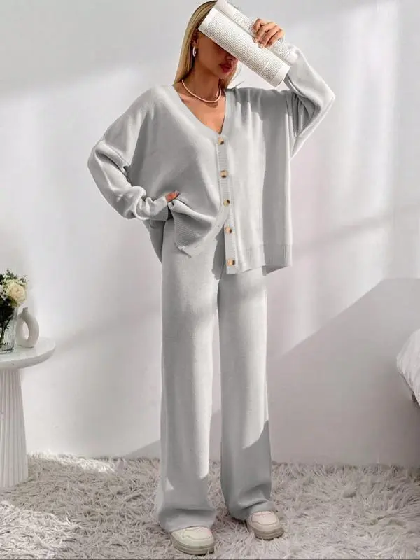 Women's Front Drop Shoulder V Neck Cardigan & Elastic Waist Wide Leg Pants Two-piece Set