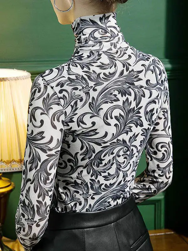 Long Sleeve Slim Fit Contrast Panel Detail High Neck Polyester T-Shirt