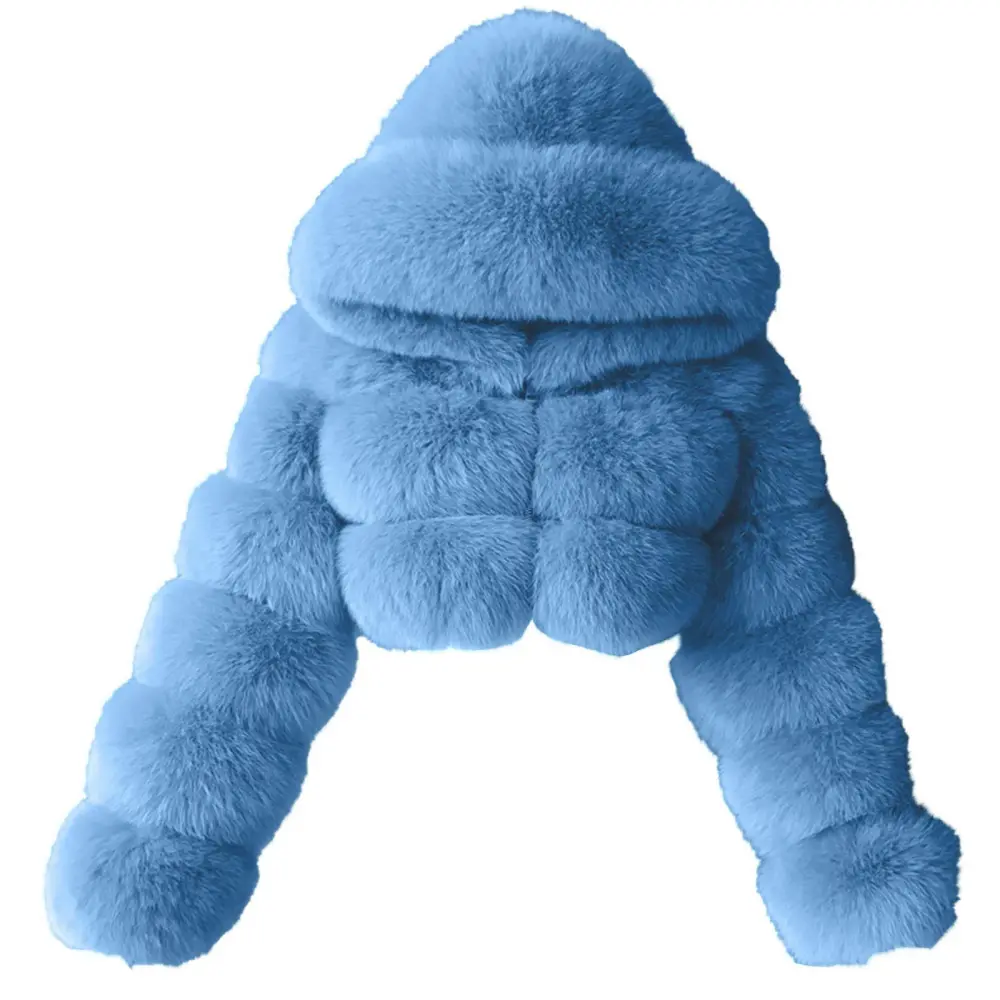 Sky Blue Faux Fur Coat Women with Hood Cropped Bubble Coats Fleece Short Warm Jackets Plus Size Winter Coats for Women