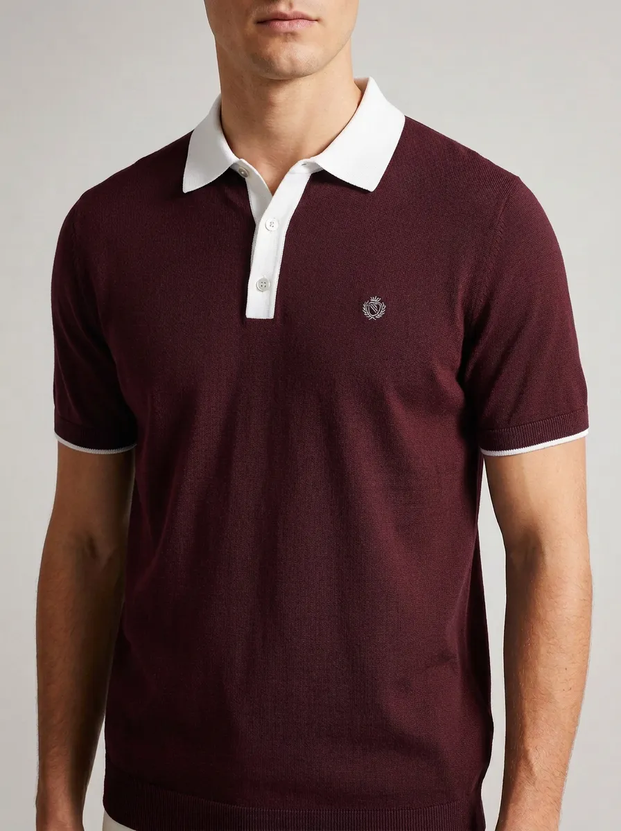 Men's Knit Ribbed Textured Contrast-Collar Embroidered Polo Shirt