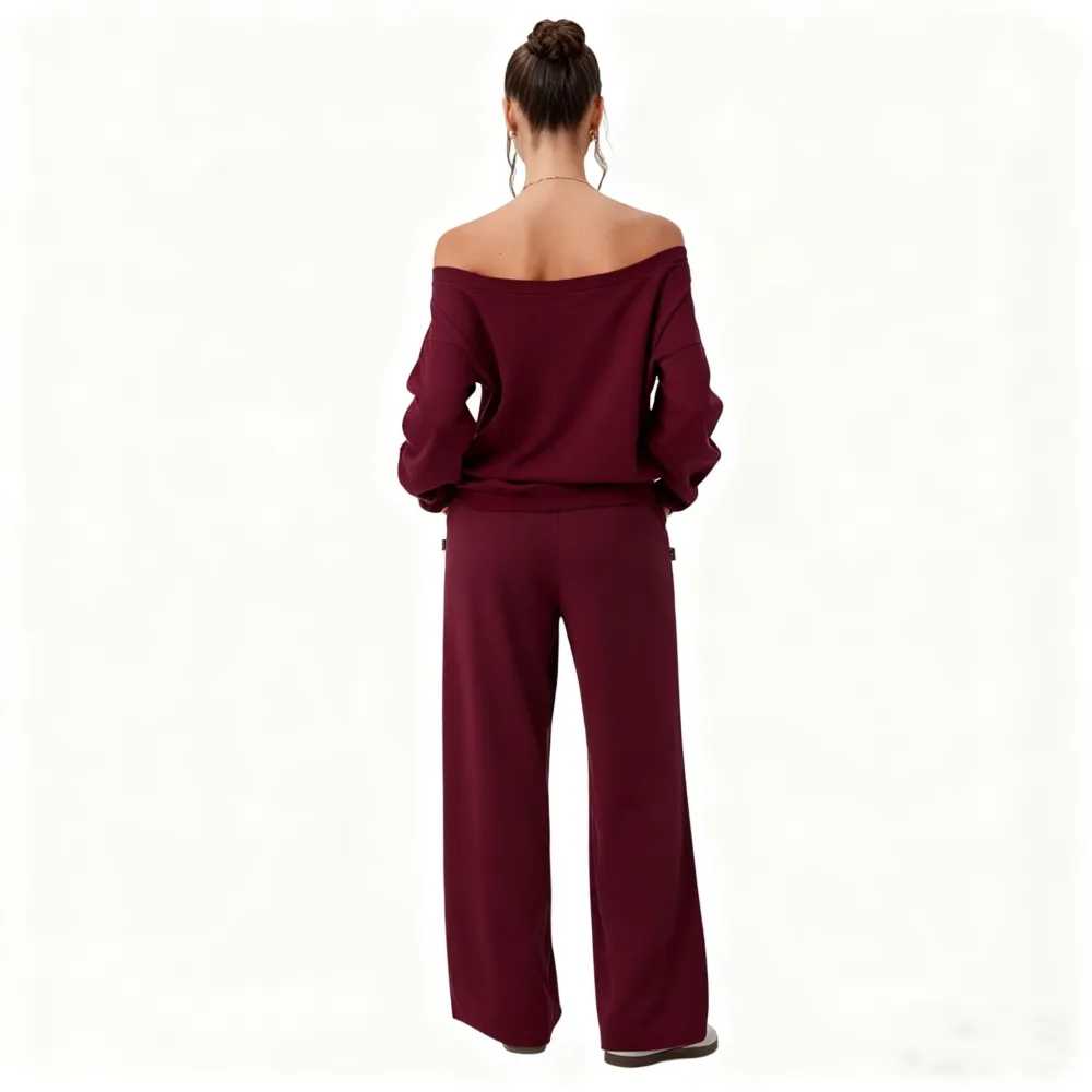 Women's Leisure Solid Color Sloping Shoulder Long Sleeve Top & Wide Leg Trousers