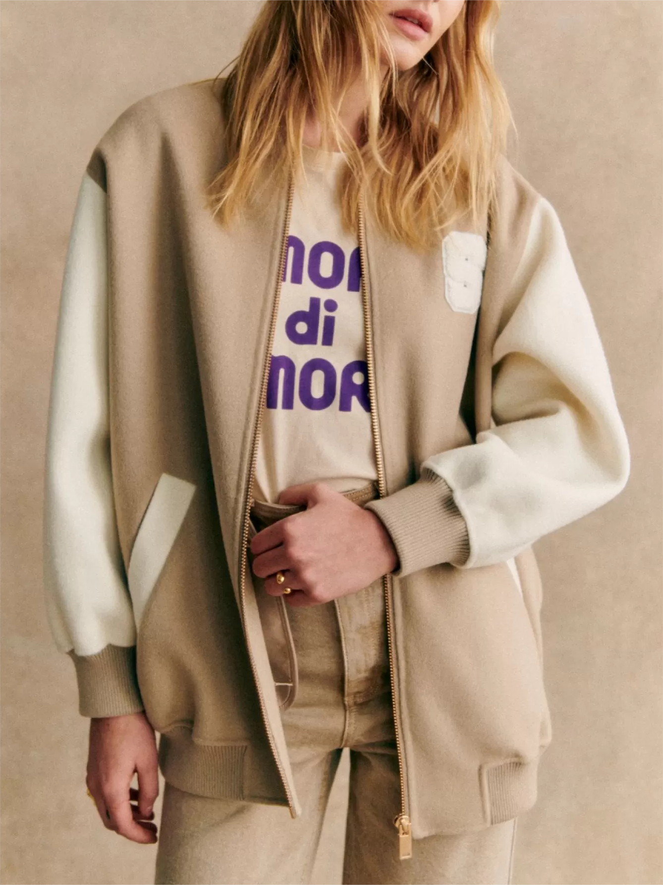 Beige Color Blocked Varsity Jacket