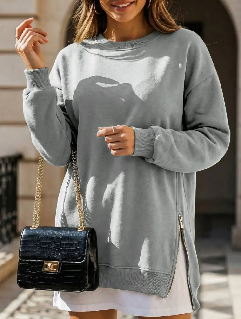 Side Zip Patchwork Pullover Sweatshirt