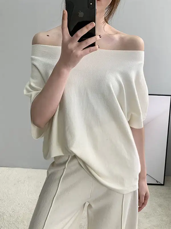 Off Shoulder Half Sleeve Relaxed Fit Pullover Sweater