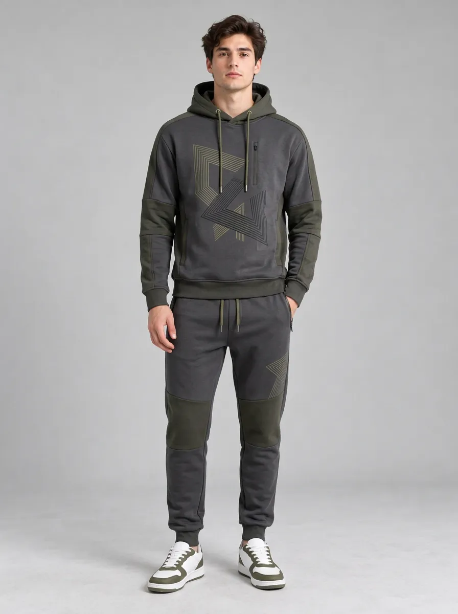 Men's Charcoal and Olive Color-Block Hoodie and Jogger Set