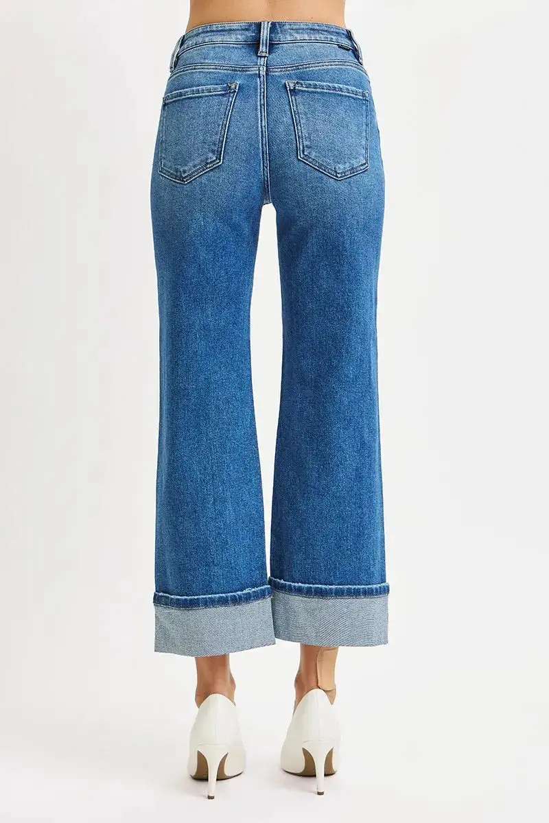Mid-Rise Cropped Raw-Hem Washed Straight Leg Jeans