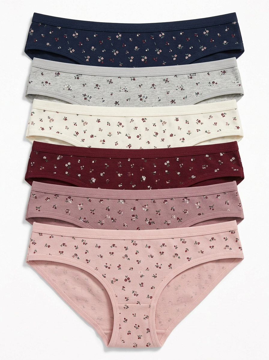 Women's Six-Pair Mini Floral Print Ribbed Bikini Brief Set