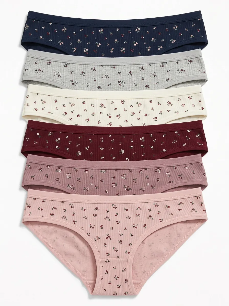 Women's Six-Pair Mini Floral Print Ribbed Bikini Brief Set