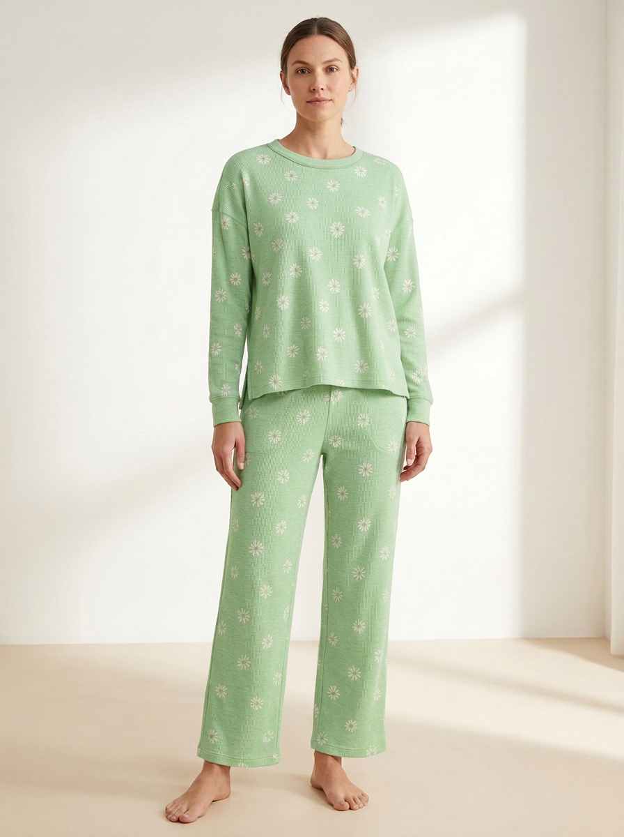 Women's Floral Waffle-Texture Side-Slit Lounge Set