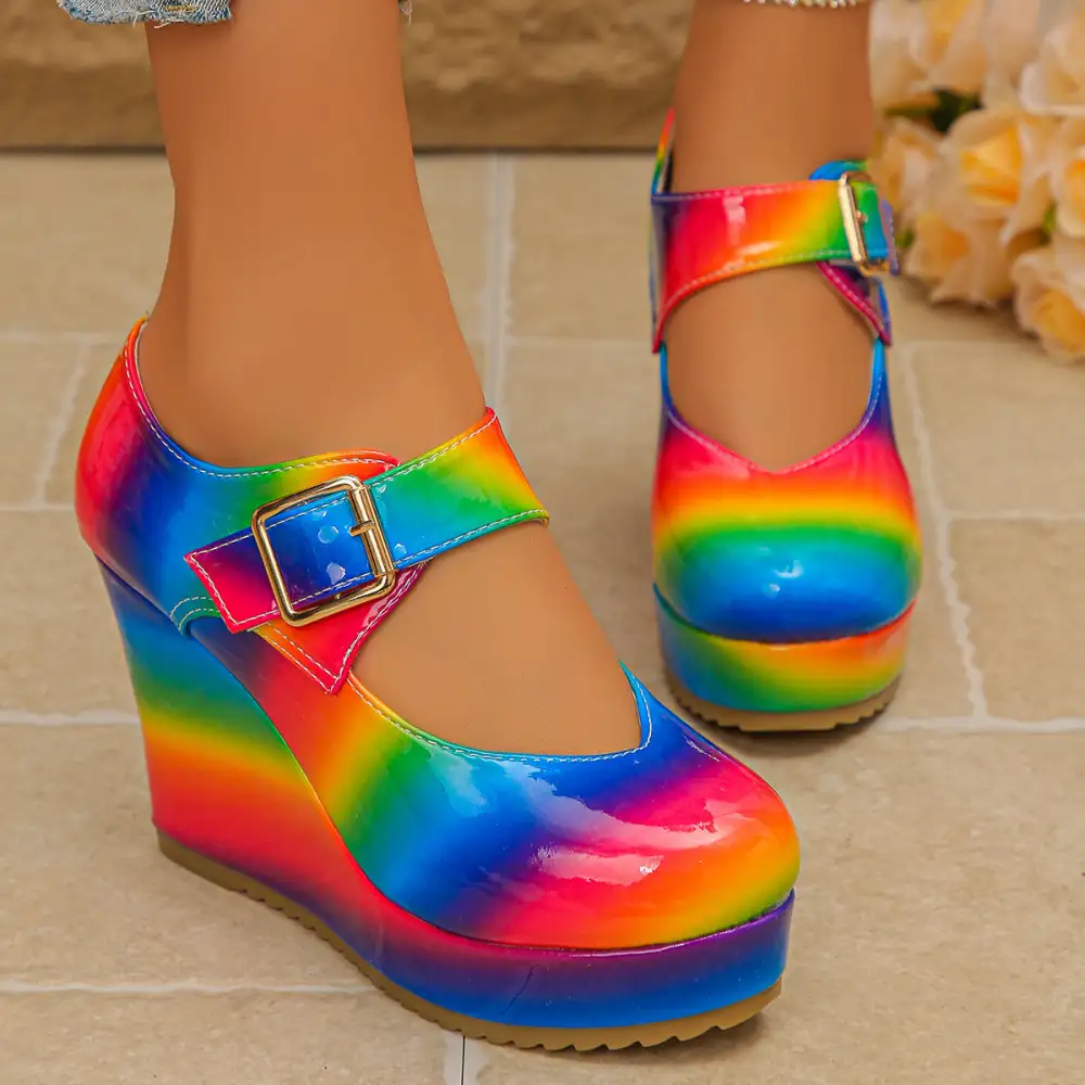 Colorful Round Toe Wedge Mary Jane Loafers Shoes