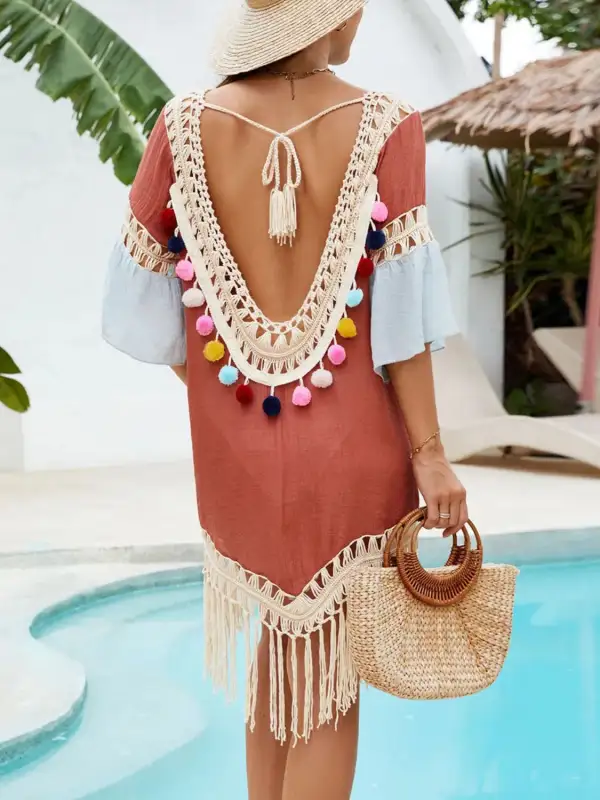 Backless Tassel Hem V Neck Swim Cover Up