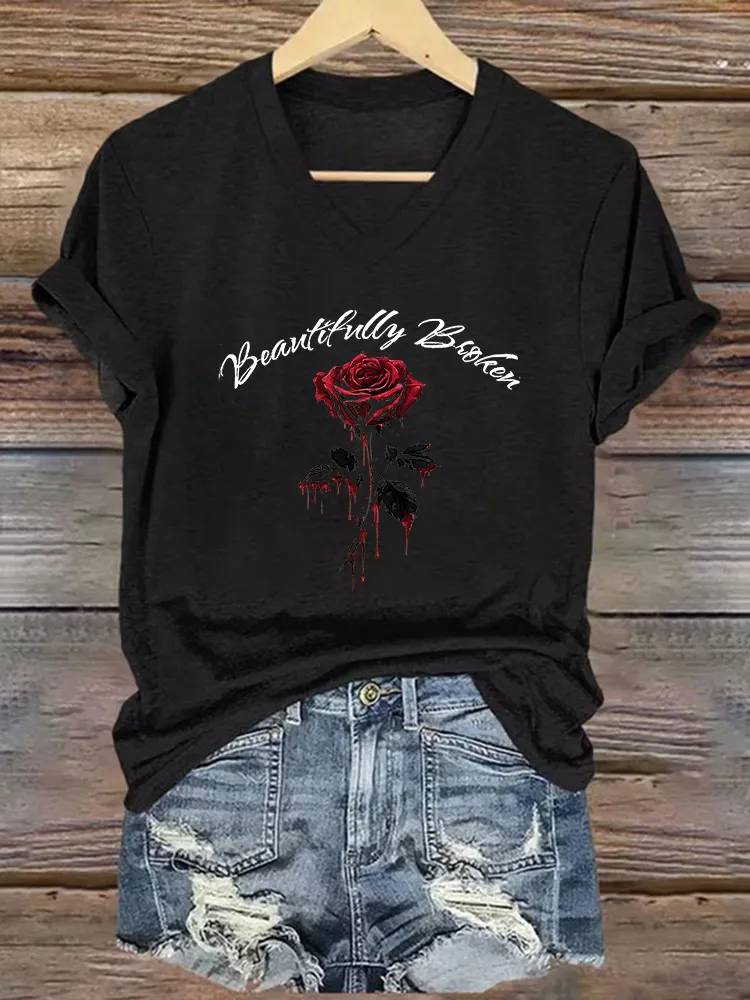 Women's Beautifully Broken Rose V - Neck Tee