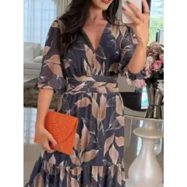 Full Size Printed V Neck Maxi Dress with Tiered Hemline Plus Size
