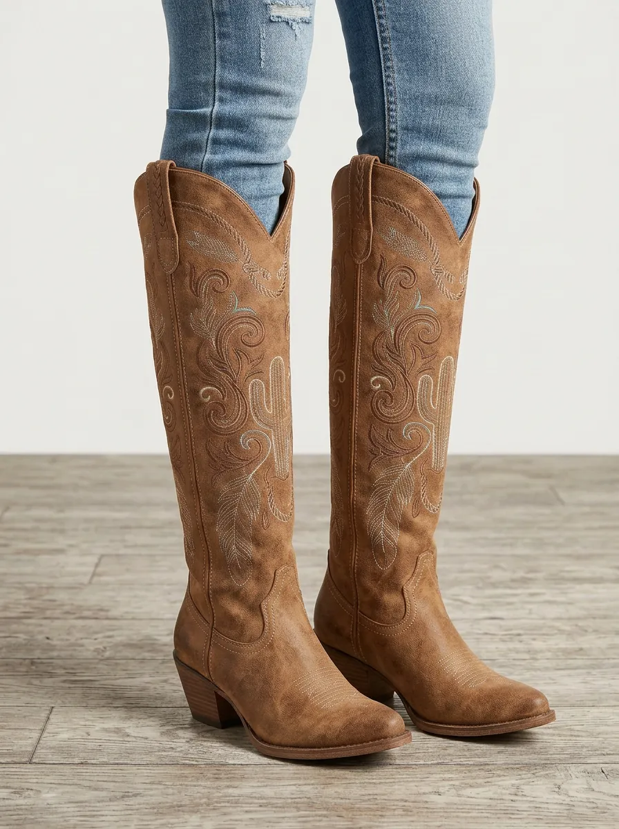 Women's Cactus Floral Embroidered Pointed-Toe Block-Heel Stacked-Heel Western Denim Over-the-Knee Boots