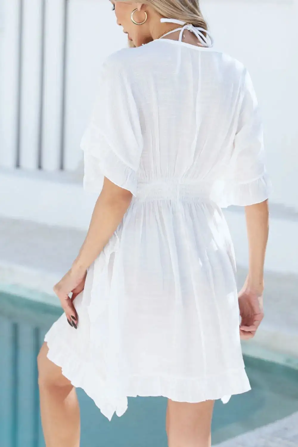 Ruffled Smocked Waist V Neck Swim Cover Up