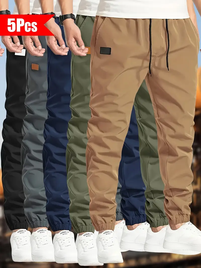 5pcs Men’S Solid Color Drawstring Jogger Pants – Polyester – Casual – Non-Stretch – Regular Length – Loose Fit – 150g/m2 – Woven Fabric – for Hiking & Outdoor
