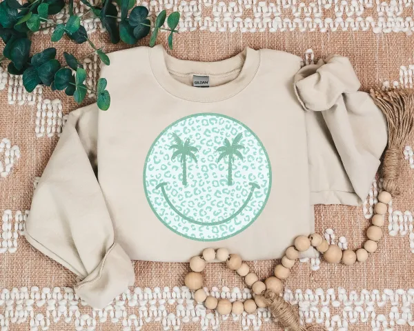 Palm Tree Smiley Graphic Crewneck Sweatshirt