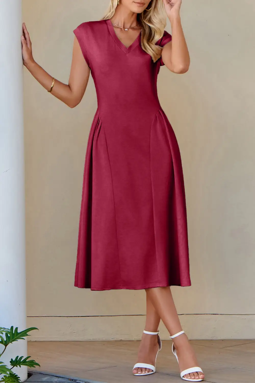 V Neck Pleated Flared Midi Dress