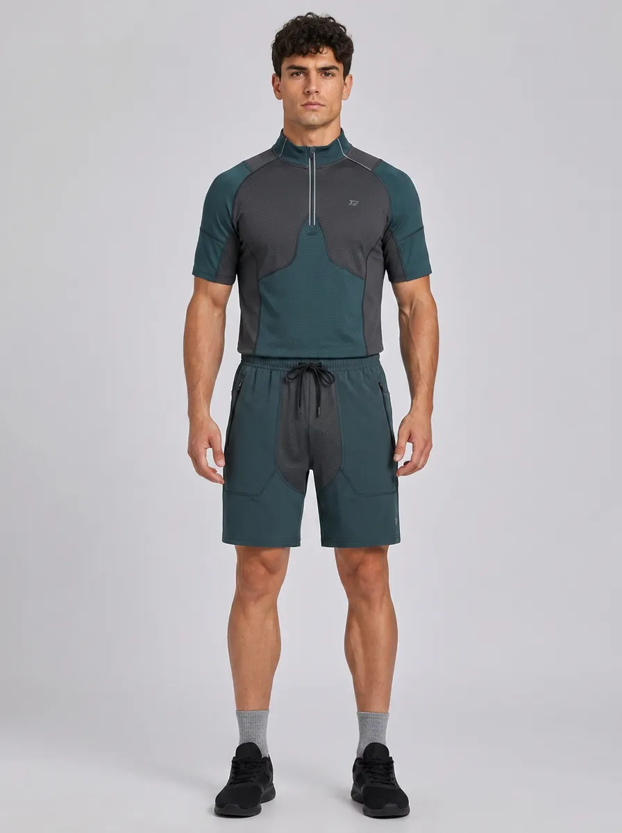 Men's Athletic Gym Training Colorblock Zip Shirt and Shorts Set
