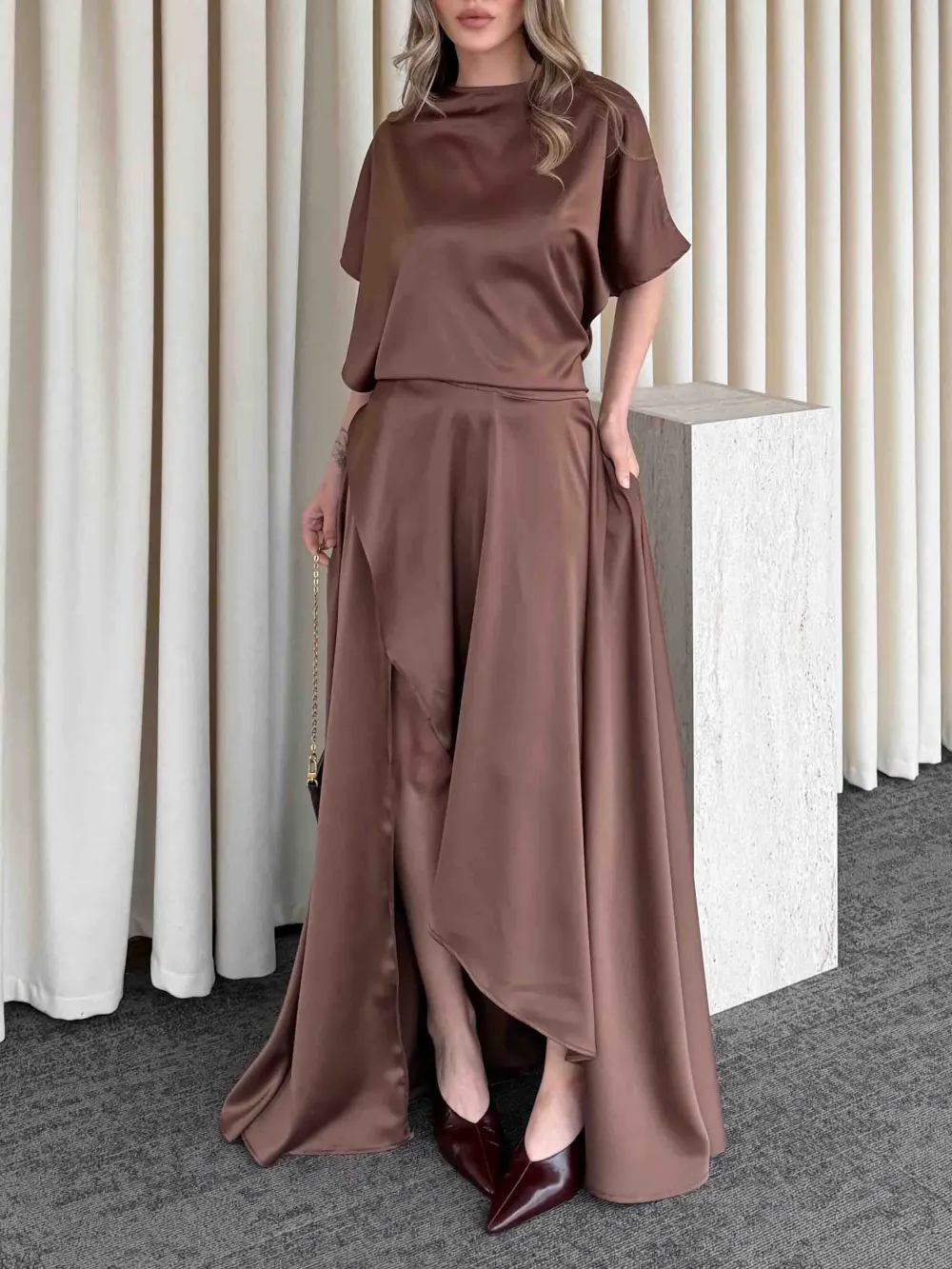 Elegant Satin Flowing Wrap Midi Dress