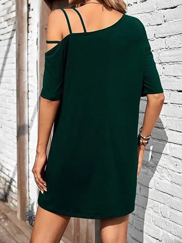 Relaxed Short Sleeve Asymmetric Solid Color One Shoulder Mini Dress