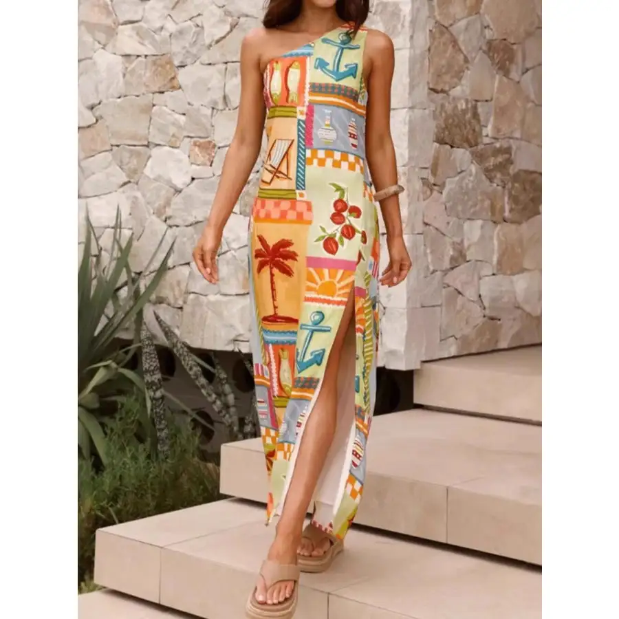 Slit Printed Single Shoulder Maxi Dress